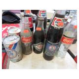 COKE & PEPSI BOTTLES & RED, WHITE & BLUE BEER CANS