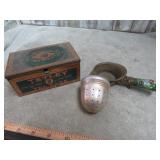 VINTAGE TEA TIN, TEA STRAINER & BRASS SCOOP