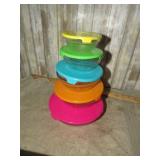 FIVE GLASS BOWLS W/ LIDS