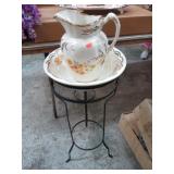 VINTAGE METAL WASH STAND W/ BOWL & PITCHER