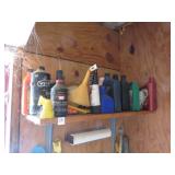 CONTENTS OF 2 SHELVES, OILS, CLEANERS, PAINT
