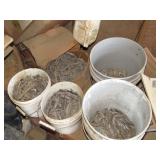 4- BUCKETS AND BOX OF LEAD WHEEL WEIGHTS