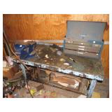 WORK BENCH, TOOL BOX AND BOTTOM SHELF CONTENTS
