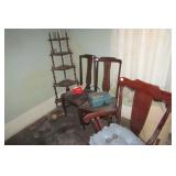 CORNER SHELF, CHAIRS, ROCKER, GLASSWARE