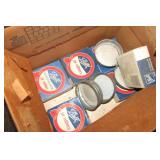 BOX WITH VINTAGE ZINC JAR TOPS