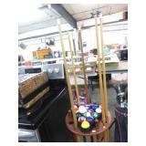 POOL STICKS, BALLS, RACK & STAND