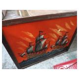 MCM OIL ON VELVET SHIP PAINTING