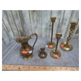 BRASS CANDLE HOLDERS & PITCHER