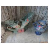DULL HORN OF PLENTY & DAMAGED ROSEVILLE VASES
