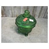 GREEN GLASS FOOTED CANDY DISH