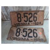 MATCHING PAIR-- 1938 VA LICENSE PLATES