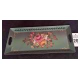 Vintage Green Metal Tray - Hand Painted