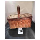 Vintage Large  Splint Weave with Picnic Basket  Hinged Lid & Double Bentwood Swing Handles & Opens on Both Ends