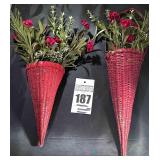 2 - Red Woven Vases with flowers