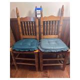 2 - Vintage Oak Spindle Back Dining Chairs with Green Cushions