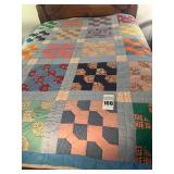 Antique Quilt - Multi Color Large Blocks Trimmed in Light Blue/Gray