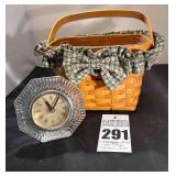 Longaberger Woven Basket (1995) with Fabric Liner & Insert & Cut Glass Quartz Clock