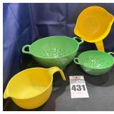 2 - Melamine Colanders, 1 Vintage Tupperware Colander, Rubbermaid Vintage Batter Bowl