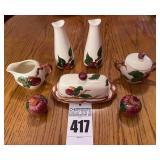 Franciscan Apple pattern covered butter dish, matching Oversized Salt & Pepper Shakers, Sugar & Creamer & small Apple Salt & Pepper Shakers