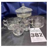 6 pcs - Etched Sugar & Creamer (2 1/2"T), 1 - candy dish with lid (7"t), 2 Vases (3" & 2 1/2")