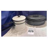 Vintage Enamel Double Boiler, Enamel Covered Oval Roaster