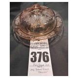 Vintage Federal Glass Pink Depression Round Butter Dish with Cover "Sharon Cabbage Rose"