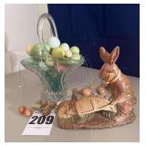 Glass Easter Basket with Eggs & Rabbit Figurine