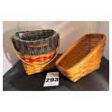 2 - Longaberger Woven Baskets 1- Glad Tidings & other is a Sleigh Slanted Basket.  One with  Fabric Liner & Insert