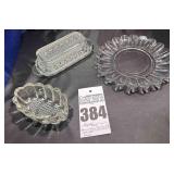 4 pcs - Crystal - Princess House "Heritage Ribbed" spoon/Fork Holder., Butterdish, Plate