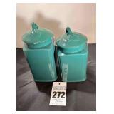 2 Green Leaf Handle Ceramic Canisters