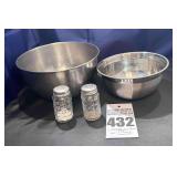 2 - Stainless Mixing Bowls and Stainless Top Salt & Pepper Shakers