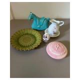 Sunflower Plate, Horse Bank- Broken Ear, Small Washbowl and Pitcher, Egg and Powder Box
