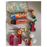 Vintage Toys - 2 Kaleidoscopes, 2 Ball Banks, 2 Plastic C-clamps, Maggie Wheelo, Wood Toys and “Going Places Around the World “ Table Top Pinball Game