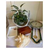 Basket of Sea Shells, Faux Plant, Marble Paper Towel Holder, Cedar Box and Battery Operated Clock