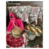 Straw Baskets and Coasters, Crochet Doilies, Doll