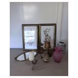 Bird Pictures, Brass Candle Holder, 2 Vases, Lamp