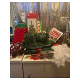 Miscellaneous Christmas- 2ft Christmas Tree, Decorative Basket Arrangement, Green and White Garland, 3 Cards of Small Bows and Much More