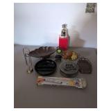Misc Box Metal Trays, Bell, Rocker Pin Cushion, Rolling Ruler