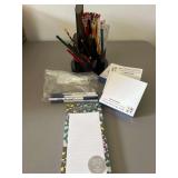 Pen Holder, Note Pads, Pens, Pencils