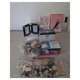 Clock/Picture Frame, Sewing Supplies, Books, Crystal Sugar/Creamer Bowls, etc