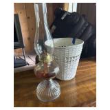 Oil Lamp with Shade and Wicker Trash Basket