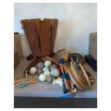 Wood Plant Stand, Badminton, Tennis Rackets, and Balls and Bats