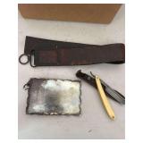 Vintage Pearl Handled Straight Razor, Leather Strop and Mirror