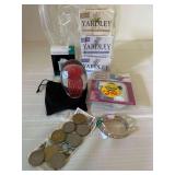 New Paperweight, Clock, Shaver, 5 Yardley Soap, Bracelet and Mexico Pesos