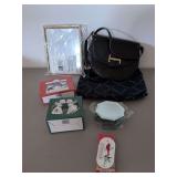 Tignanello Purse, 2 Boxes Figurines, Beveled Glass Mirrors, Thermometer