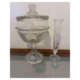 Large Footed Early American Pressed Glass Candy Dish & Bud Vase