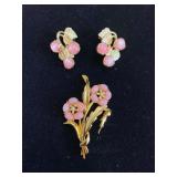 3in Gold Tone Floral Brooch Pin w/ Thermoset Pink Satin Lucite Beads and 1.5in Matching Clip-on Earrings