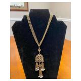 12in Gold Tone 3 Strand Nacklace w/3.5in Faux Pearl Beaded Tassel