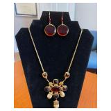 8in Vintage Necklace w/ 3in Pendant and 1in Matching Pierced Earrings