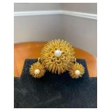 1.5in Gold Tone Round Brooch w/Genuine Center Pearl Brooch and Matching 0.15in Clip-on Earrings with Center Pearl